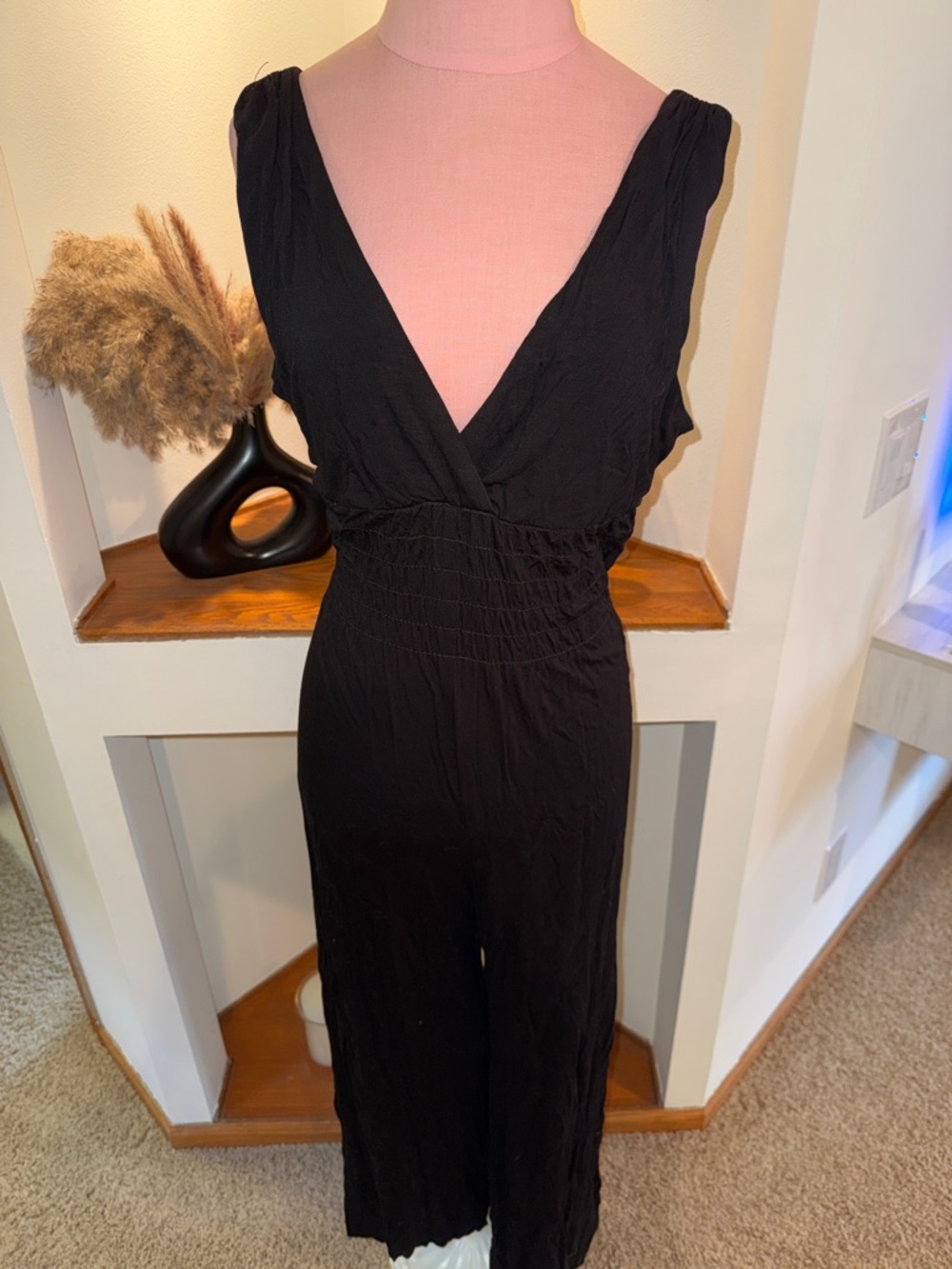 Trina Turk Black V-Neck Sleeveless Jumpsuit with Smocked Waist
